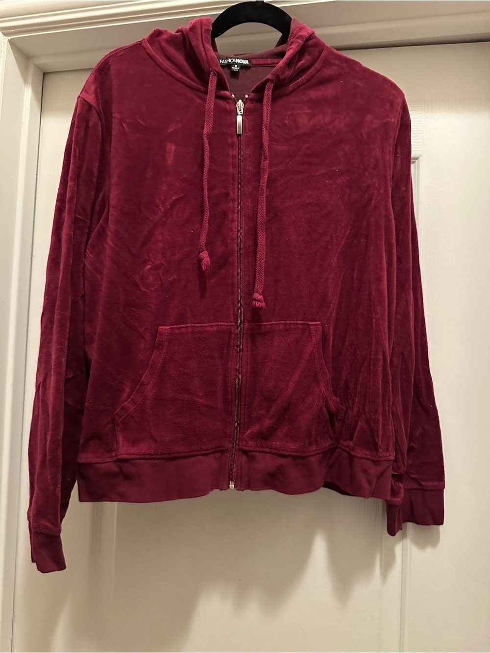 Fashion Nova Velour Zip Hoodie in Wine